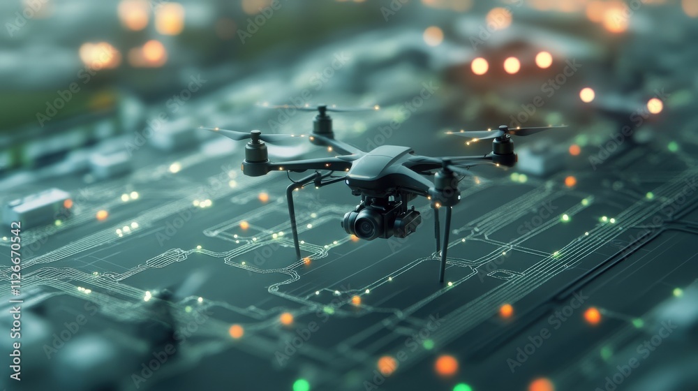 Poster Aerial Drone Hovering Above Circuit Board with Colorful Lights Showcasing Technology and Innovation in Modern Electronics and Robotics