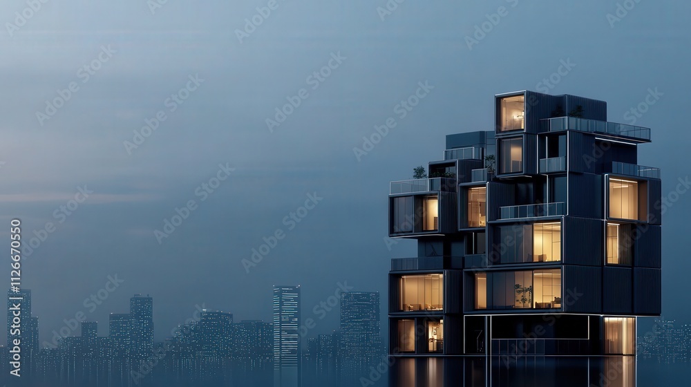 Poster Modern Architectural Design of a Unique Building Surrounded by a City Skyline at Dusk with Soft Lighting and a Calm Atmosphere