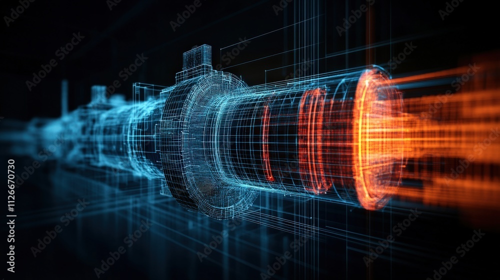 Fototapete Futuristic Representation of a High-Tech Engine Component with Digital Elements, Showing 3D Wireframe Design and Bright Colorful Visual Effects to Illustrate Technology and Innovation