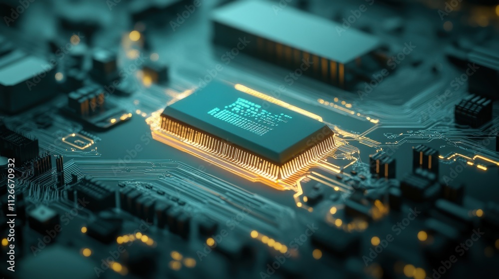 Aufkleber Stunning Close-Up of a Microchip on a Circuit Board with Glowing Elements Showcasing Advanced Technology in a High-Tech Environment