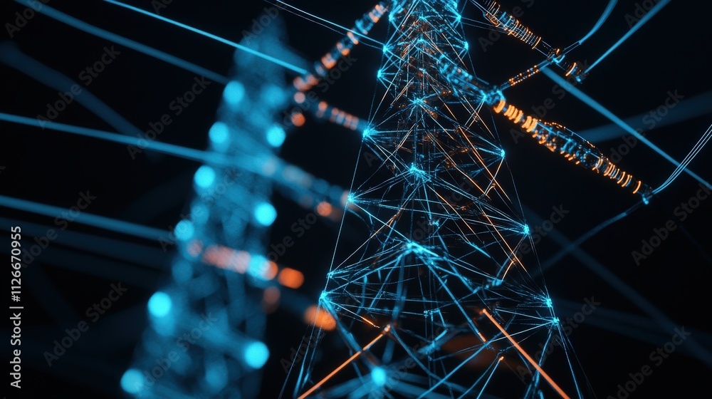 Poster Abstract representation of a telecommunications tower with glowing lines and connections symbolizing the digital network and modern communication technology