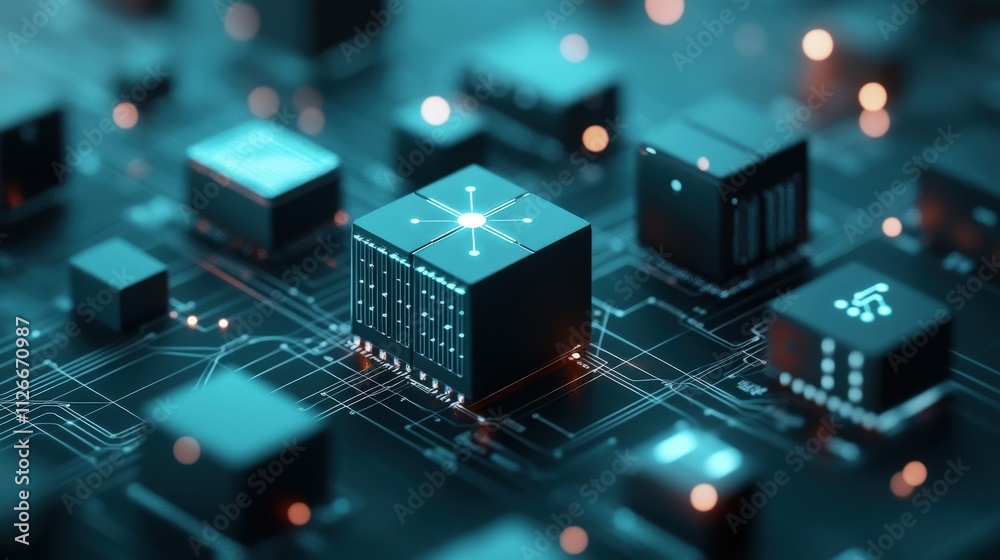 Poster Abstract Technology Background Featuring Microchips and Circuit Wiring in a High-Tech Environment with Blue and Orange Lighting Effects