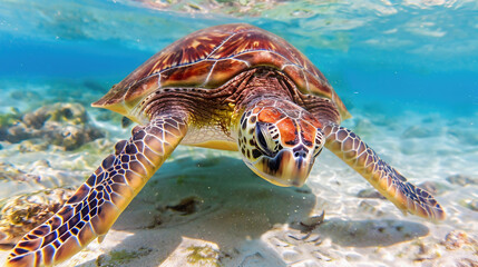 Fototapeta premium Turtle swimming through the deep blue ocean as the sun shines above it