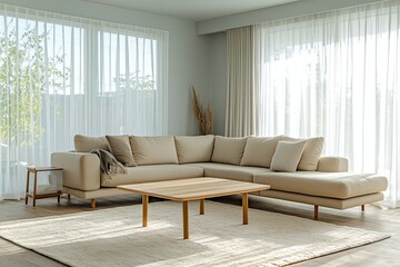 A Scandinavian interior in a modern living room with a sofa and a wooden table in view. Generative AI
