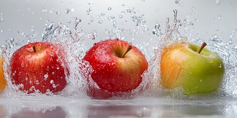 Fresh fruits, including an apple splashing into water, create a vibrant scene. This image of fresh fruits captures the dynamic moment of an apple in a water splash on a white background.