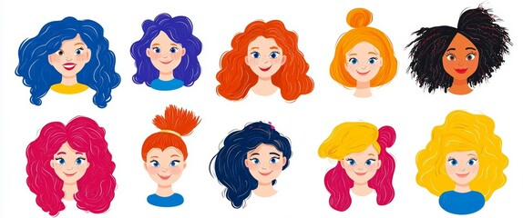 Fototapeta premium A video of a teen girl face construction set isolated on a white background. The set includes a female avatar head, a collection of hairstyles, a pack of lips with different emotions, eyes, brows,