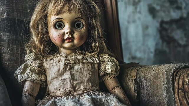 Scary creepy old lost doll with porcelain face sits on chair in abandoned shabby haunting house at night. Horror, nightmare. Eerie dimly lit, chilling atmosphere. Dust and cobwebs. Nostalgia concept.