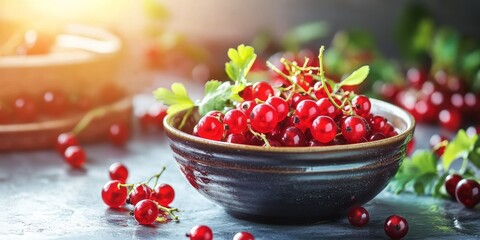 Fresh currants on a tee during spring symbolize healthy food. Enjoy the vibrant taste of currants, a delightful ingredient that enhances spring dishes with their nutritious benefits.