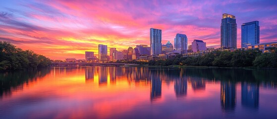 Fototapeta premium stunning sunset over a city skyline reflecting on water