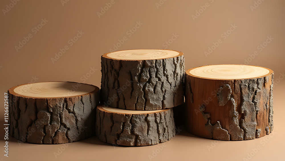 Poster Wood tree stumps with beautiful textures are used as a natural and rustic concept for packaging designs in various key visuals._00001_