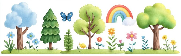 An illustration of a spring forest with trees, grass and flowers. An illustration of a summer park with green plants, butterflies, paths, fields, and rainbows in the sky.