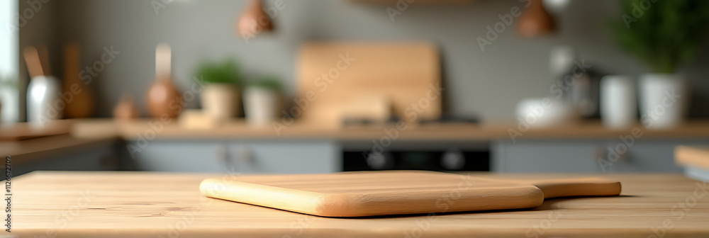 Poster wooden countertop with cutting board blurred in background creates visually appealing image for prod