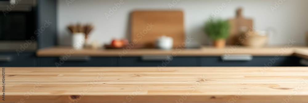 Poster wooden countertop with cutting board blurred in background creates visually appealing image for prod