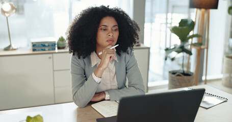 Thinking, laptop and businesswoman in office with ideas, planning or decision for finance report....