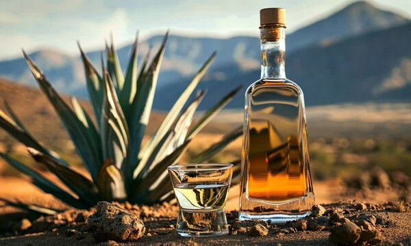 Clear spirit bottle next to agave plant in outdoor setting