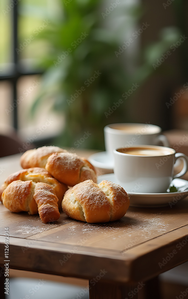 Poster wooden table set for breakfast with pastries and coffee in a selective focus with copy space for ing