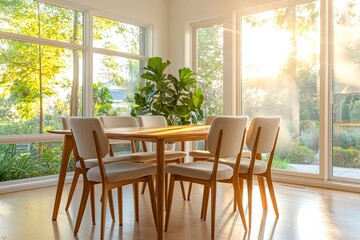Fototapeta premium A modern minimalist interior design from a sunny dining room with a dining table and chairs. Generative AI 