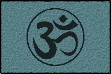 Om symbol on a rough blue background. Symbol of Buddhism and Hinduism religions.