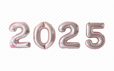 Abstract 3d 2025 typography text with different colour helium balloons  isolated on white background