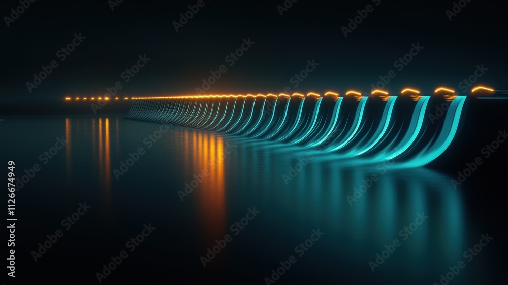 Poster glowing waves in calm water during nighttime, beautiful light reflections creating an ethereal atmos