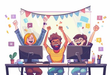 Cheerful Team Celebrating Project Completion in Cartoon Style
