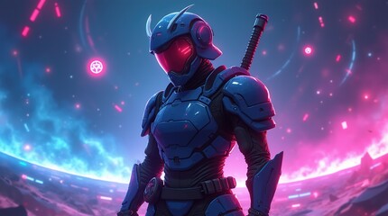 Fototapeta premium Futuristic Samurai Warrior in Neon-Lit Cyberpunk Void