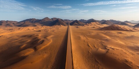 Naklejka premium A straight line stretches across the desert, highlighting the vastness and unique patterns within the desert landscape. This straight line serves as an intriguing focal point in the desert scenery.