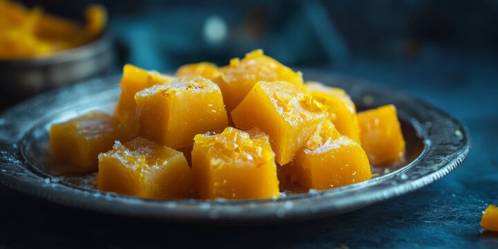 Delicious Shahi Kesar Petha is a sweet candy crafted from pumpkin pieces, immersed in sugar syrup and adorned with saffron. The Shahi Kesar Petha is presented on a plate against a moody backdrop.