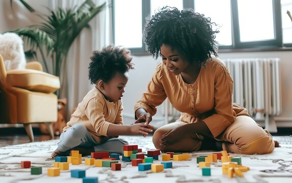 Happy black woman mother or nanny playing with her kid in a cozy modern living room near the window. Happy childhood and motherhood concept banner. Poster of a toddler playing blocks with female adult