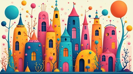 Obraz premium Whimsical Cityscape Illustration With Tall Colorful and Playful Buildings