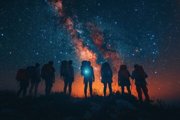 Silhouetted Group of Adventurous Hikers Gazing at Spectacular Starry Night Sky with Glowing Milky Way Galaxy in Remote Wilderness LandscapeHikers