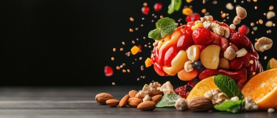 Naklejka premium A colorful explosion of fruits and nuts creates a vibrant, artistic representation of healthy snacking on a dark wooden surface.