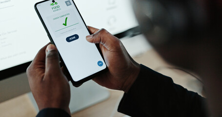 Hands, phone screen and order for food delivery at office with check sign, payment or deal at call center. Person, smartphone and ux for mobile app, ecommerce or online shopping for meal at help desk