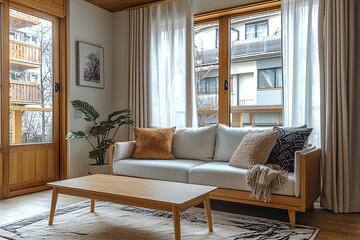 Fototapeta premium Minimalist, mid century modern interior design in a living room with windows visible and sofa and wood furniture. Generative AI 