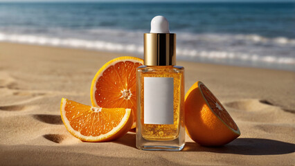 Radiance made simple: A bottle of serum without a label with a clear luminous liquid and vitamin C, bathed in warm light to highlight the elegant glass craftsmanship. On the sea coast