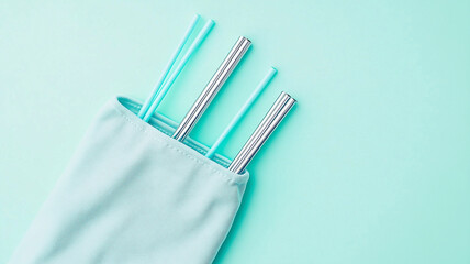 A blue towel is holding three plastic straws