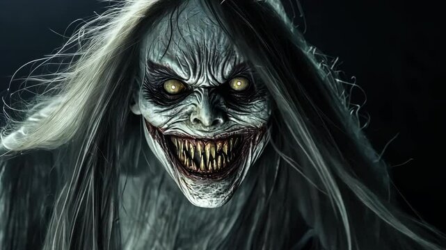Scary woman ghostly face, long flowing grey hair, smiling evilly, scaring people. Black isolated background. Haunting girl, sinister grin, white eyes. Terrifying eerie atmosphere. Horror illustration.