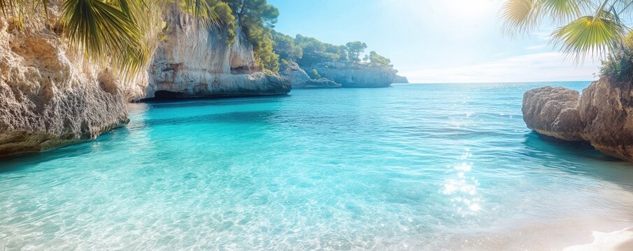 Stunning turquoise lagoon with limestone cliffs and palm trees. Crystal clear Mediterranean waters, white sand beach, and dramatic coastal rock formations in golden sunlight. 8k banner