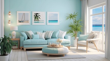 Fototapeta premium Bright and Airy Coastal Living Room with Light Blue Decor
