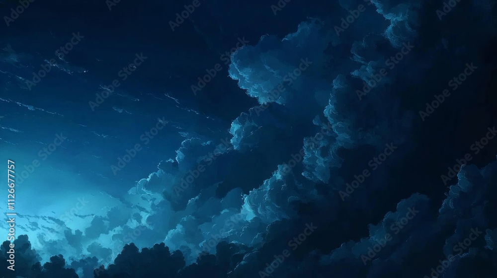 Poster large dark blue clouds dominate the evening sky, creating a powerful atmosphere as the last light of