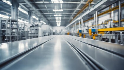 Naklejka premium Clean Metallic Assembly Line Surface with Blurred Dynamic Factory Background A Modern Industrial Setting Showcasing Efficiency and Precision in Manufacturing Processes
