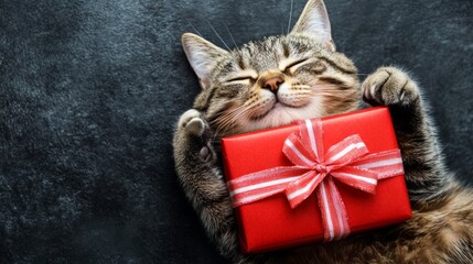 Christmas cat holding a gift