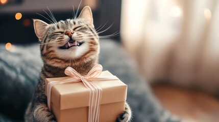 Christmas cat holding a gift