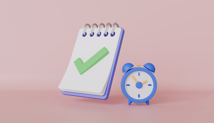 Notebook with alarm clock, Stick note, work planning, document and time management, Remind or checklist and education concept