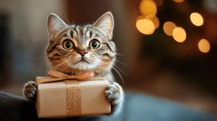 Christmas cat holding a gift