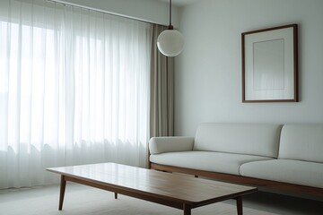 Fototapeta premium A modern minimalist interior design in the living room with white-finished walls and white sofas and tables. Generative AI 