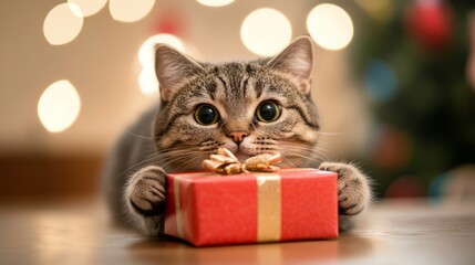 Christmas cat holding a gift