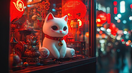 A cute white maneki-neko cat is placed on the display window of an outdoor antique store in the style of an Asian city, with red lanterns hanging outside and neon lights illuminating it