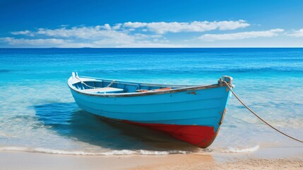 Naklejka premium Vibrant Blue Boat Resting on Serene Tropical Beach under Clear Sky