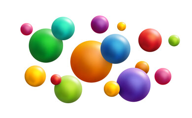 Colorful flying spheres banner. Science colorful 3d molecules on white background. Vector illustration. Children fun birthday design flyer, balloon poster. Molecule spherical particles, vitamin